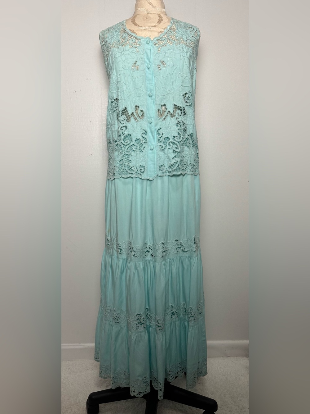 Vintage Aqua Embroidered Cutwork 2 Piece Dress Set Coastal Resort Wear